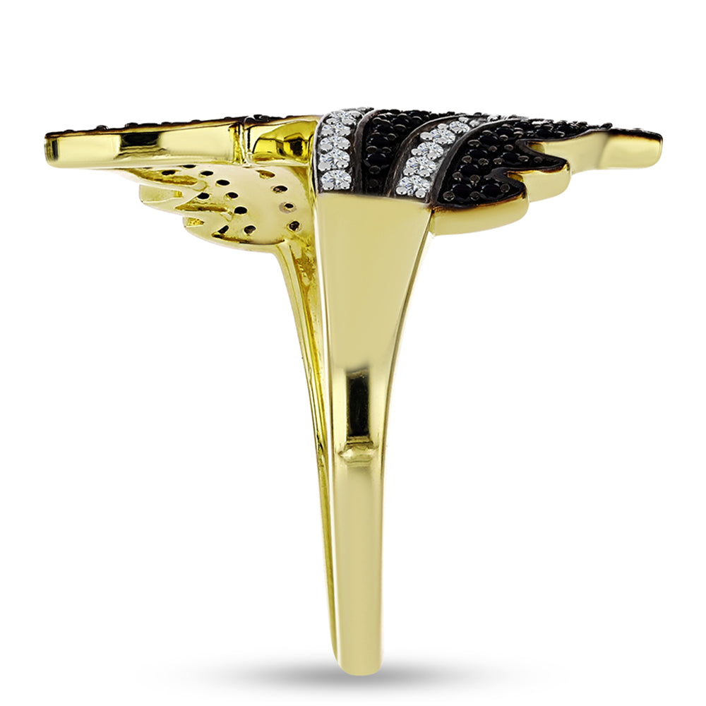 Pozlacené Stříbro 925/1000 - Prsten s Černým spinelem a Bílým Topazem - Karátové číslo: 0.62. přibližná hmotnost: 4 gramů