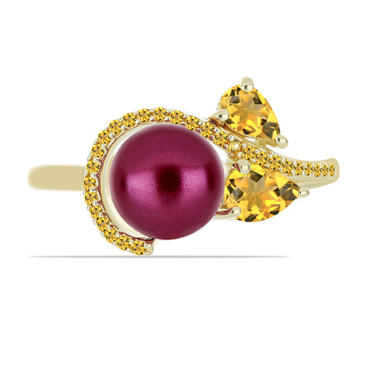 Pozlacený Stříbrný Prsten s Fialová Sladkovodní Perlou a Uralským Citrínem