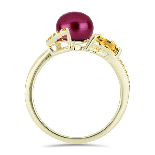 Pozlacený Stříbrný Prsten s Fialová Sladkovodní Perlou a Uralským Citrínem