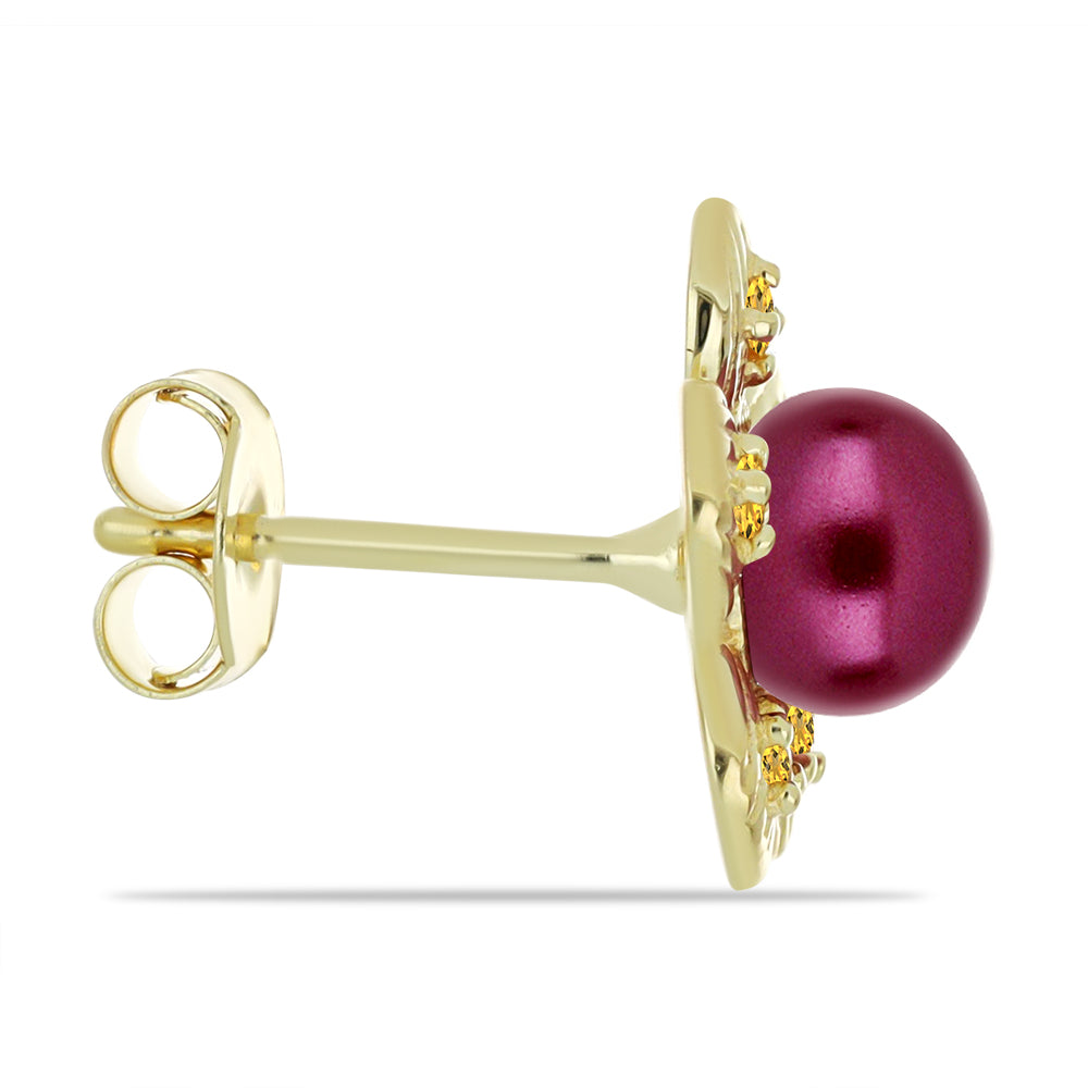Pozlacené Stříbrné Náušnice s Fialová Sladkovodní Perlou a Uralským Citrínem
