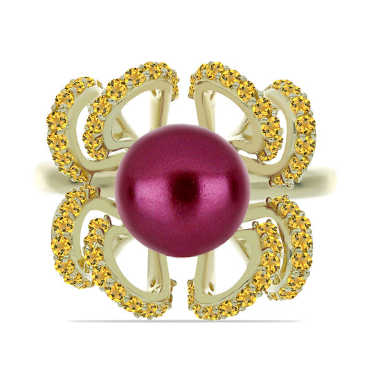 Pozlacené Stříbro 925/1000 - Prsten s Fialová Sladkovodní Perlou a Uralským Citrínem - Karátové číslo: 5.57. přibližná hmotnost: 7.03 gramů