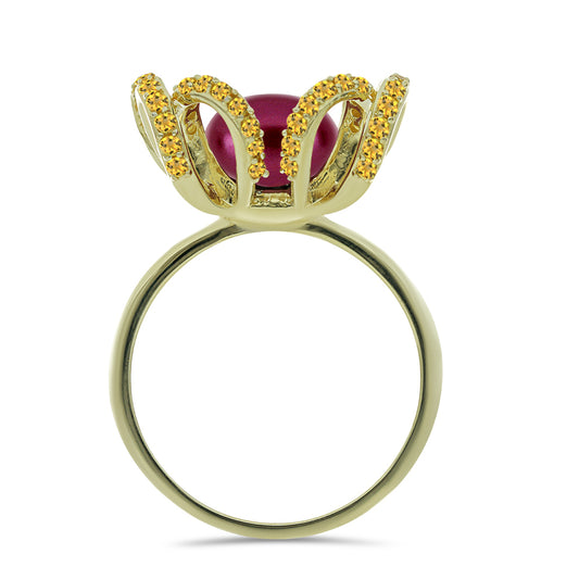 Pozlacené Stříbro 925/1000 - Prsten s Fialová Sladkovodní Perlou a Uralským Citrínem - Karátové číslo: 5.57. přibližná hmotnost: 7.03 gramů