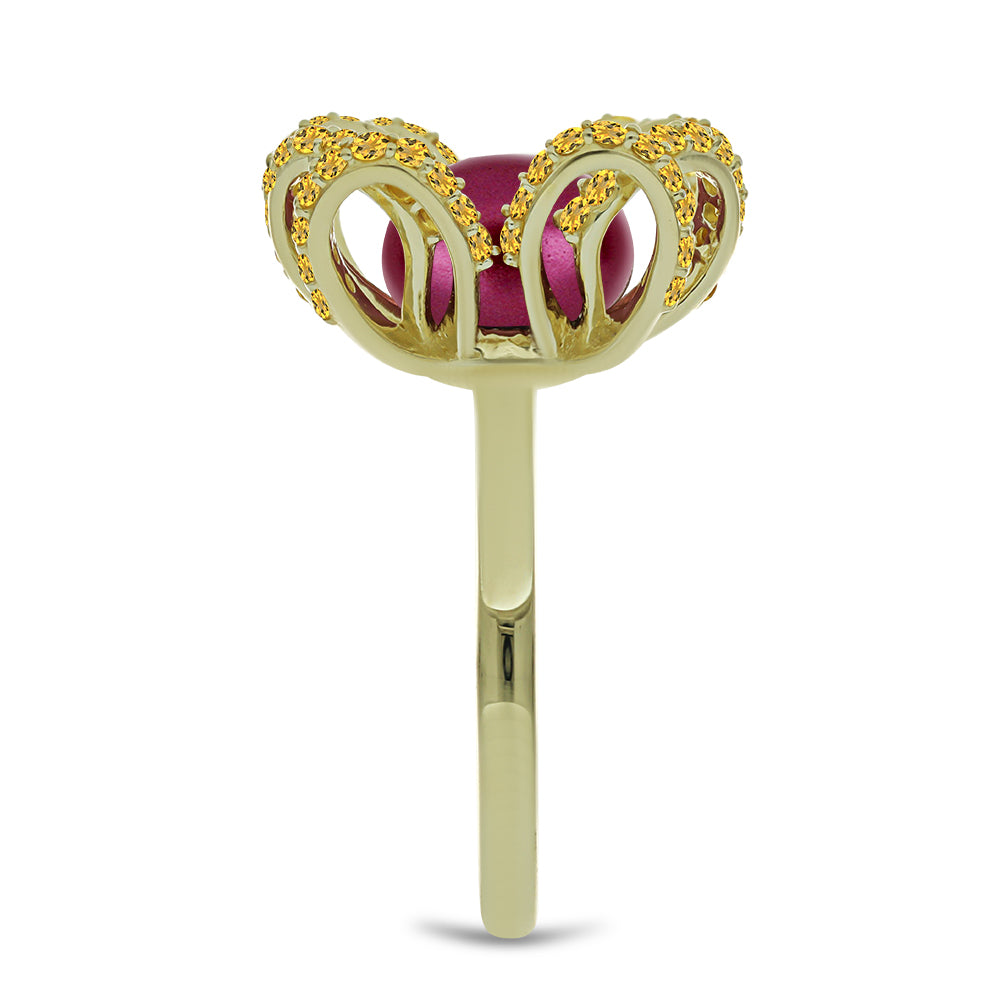 Pozlacené Stříbro 925/1000 - Prsten s Fialová Sladkovodní Perlou a Uralským Citrínem - Karátové číslo: 5.57. přibližná hmotnost: 7.03 gramů