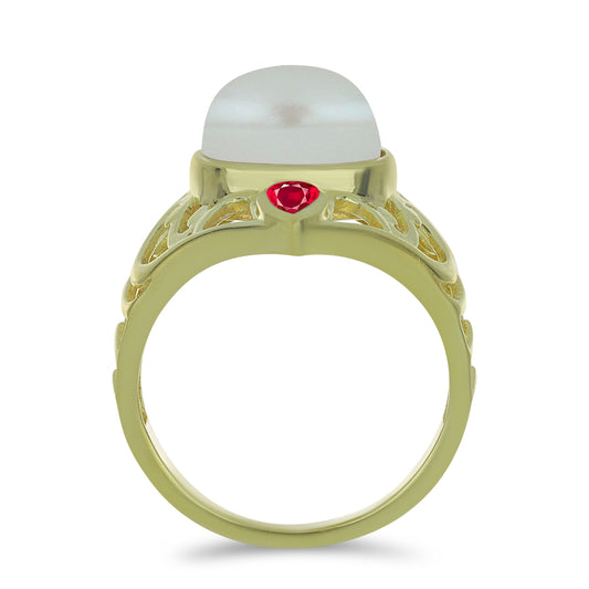 Pozlacené Stříbro 925/1000 - Prsten s Bílou Sladkovodní Perlou a Madagaskarským Rubínem - Karátové číslo: 7. přibližná hmotnost: 5.39 gramů