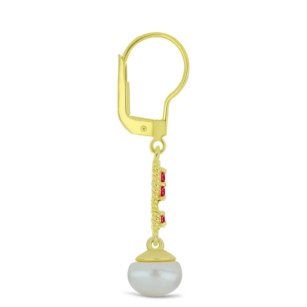 Pozlacené Stříbrné Náušnice s Bílou Sladkovodní Perlou a Madagaskarským Rubínem