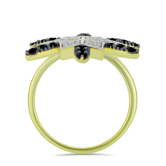 Pozlacené Stříbro 925/1000 - Prsten s Černým spinelem a Bílým Topazem - Karátové číslo: 1.19. přibližná hmotnost: 4.97 gramů