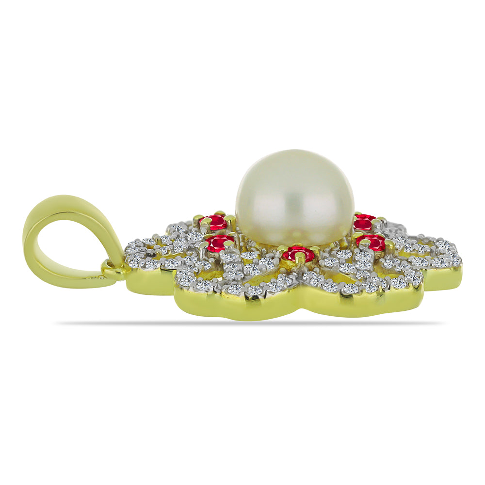 Pozlacený Stříbrný Přívěsek s Bílou Sladkovodní Perlou a Madagaskarským Rubínem