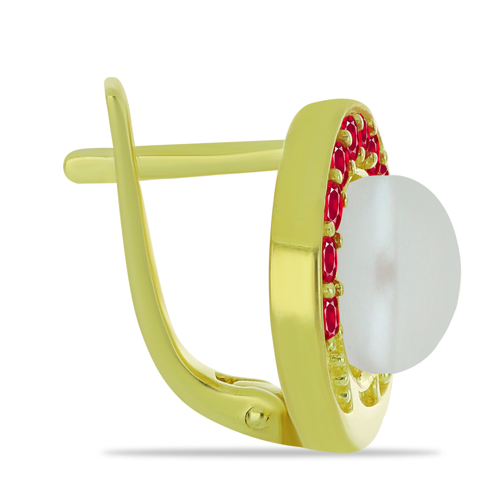 Pozlacené Stříbrné Náušnice s Bílou Sladkovodní Perlou a Madagaskarským Rubínem