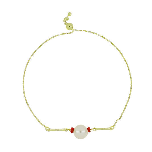 Pozlacené Stříbro 925/1000 - Náramek s Bílou Sladkovodní Perlou a Madagaskarským Rubínem - Karátové číslo: 7.24. přibližná hmotnost: 4 gramů