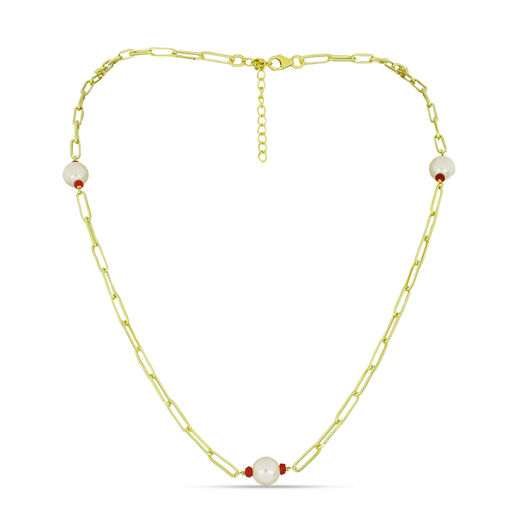 Pozlacené Stříbro 925/1000 - Náhrdelník s Bílou Sladkovodní Perlou a Madagaskarským Rubínem - Karátové číslo: 12.53. přibližná hmotnost: 9.39 gramů