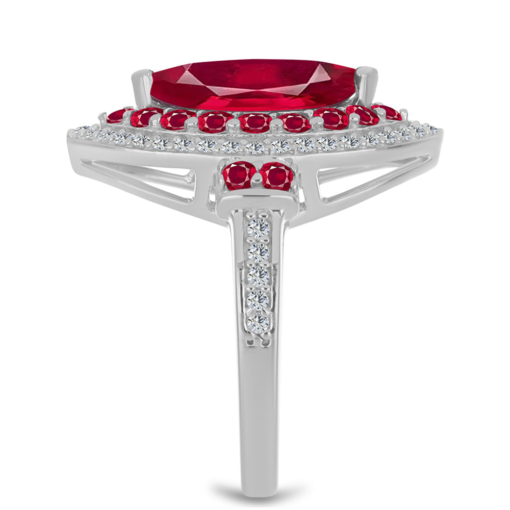 Stříbro 925/1000 - Prsten s Madagaskarským Rubínem a Bílým Topazem - Karátové číslo: 3.54. přibližná hmotnost: 5.13 gramů