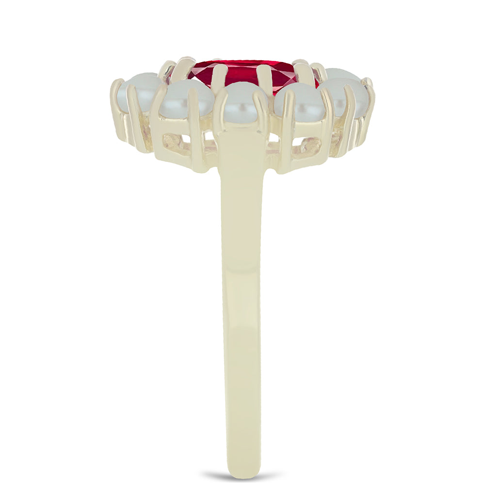 Pozlacené Stříbro 925/1000 - Prsten s Bílou Sladkovodní Perlou a Madagaskarským Rubínem - Karátové číslo: 3.32. přibližná hmotnost: 3.58 gramů