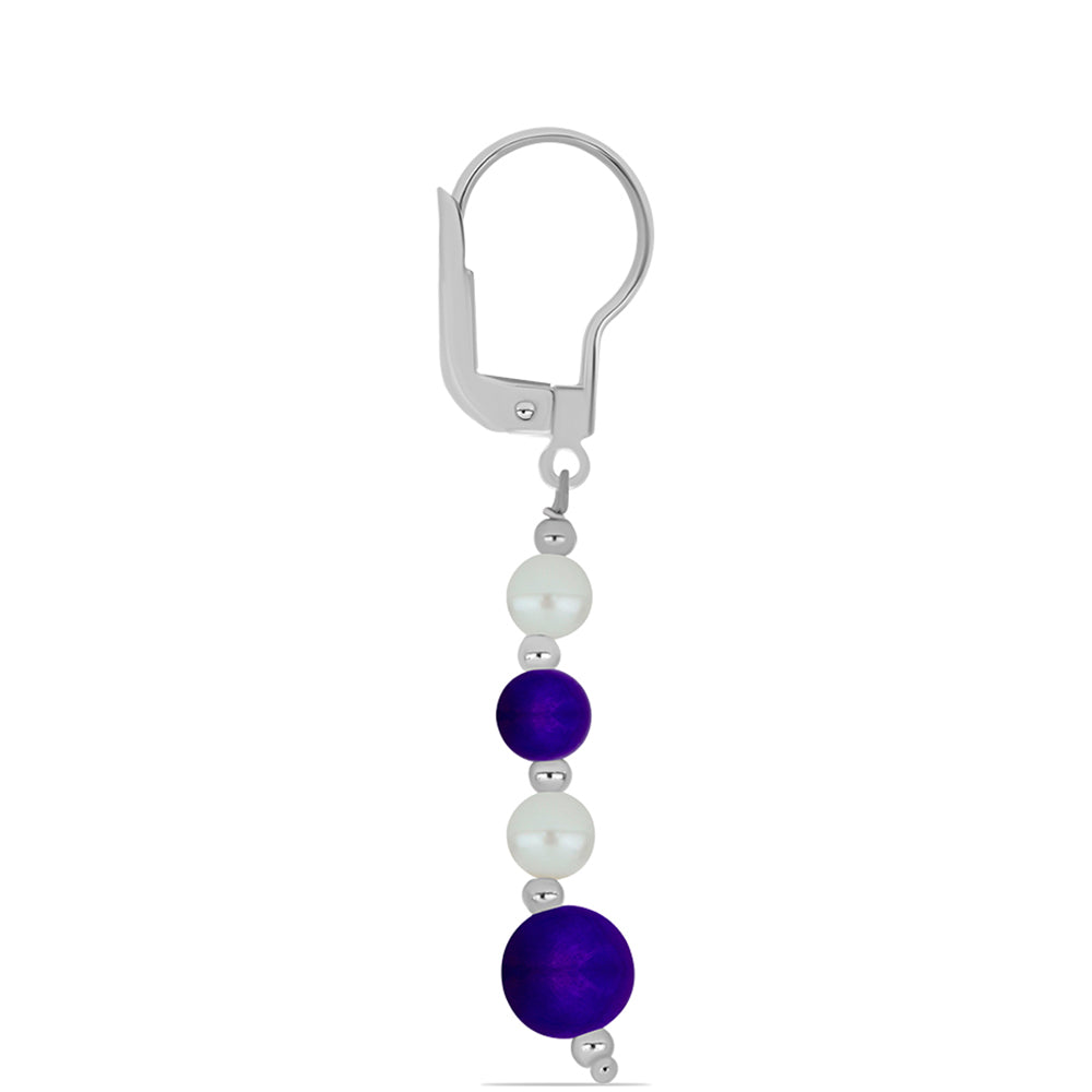 Stříbro 925/1000 - Náušnice s Purpurovým Jadeitem a Bílou Sladkovodní Perlou - Karátové číslo: 6.44. přibližná hmotnost: 2.5 gramů
