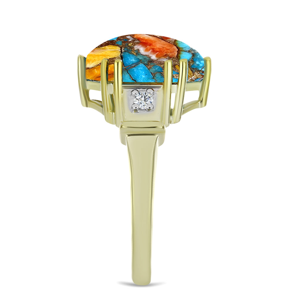 Pozlacené Stříbro 925/1000 - Prsten s Ústřicovým Tyrkysem a Bílým Topazem - Karátové číslo: 8.25. přibližná hmotnost: 5.02 gramů