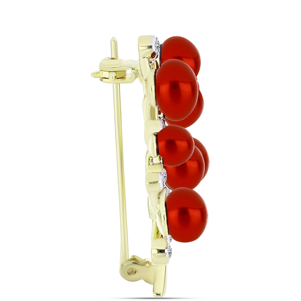 Pozlacený 925 / 1000 Sterlingové Stříbro Brož s Červená sladkovodní Perlou a Bílým Topazem