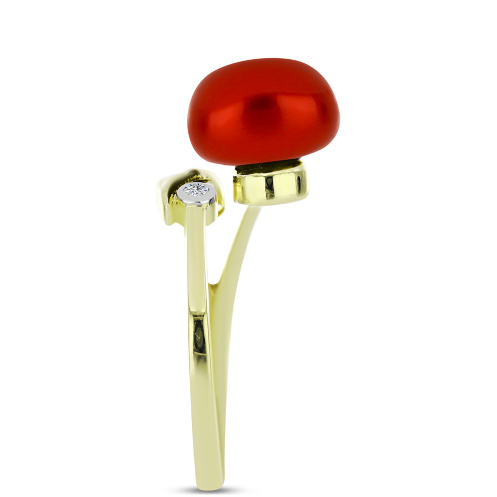 Pozlacené Stříbro 925/1000 - Prsten s Červená sladkovodní Perlou a Bílým Topazem - Karátové číslo: 4.27. přibližná hmotnost: 3.13 gramů