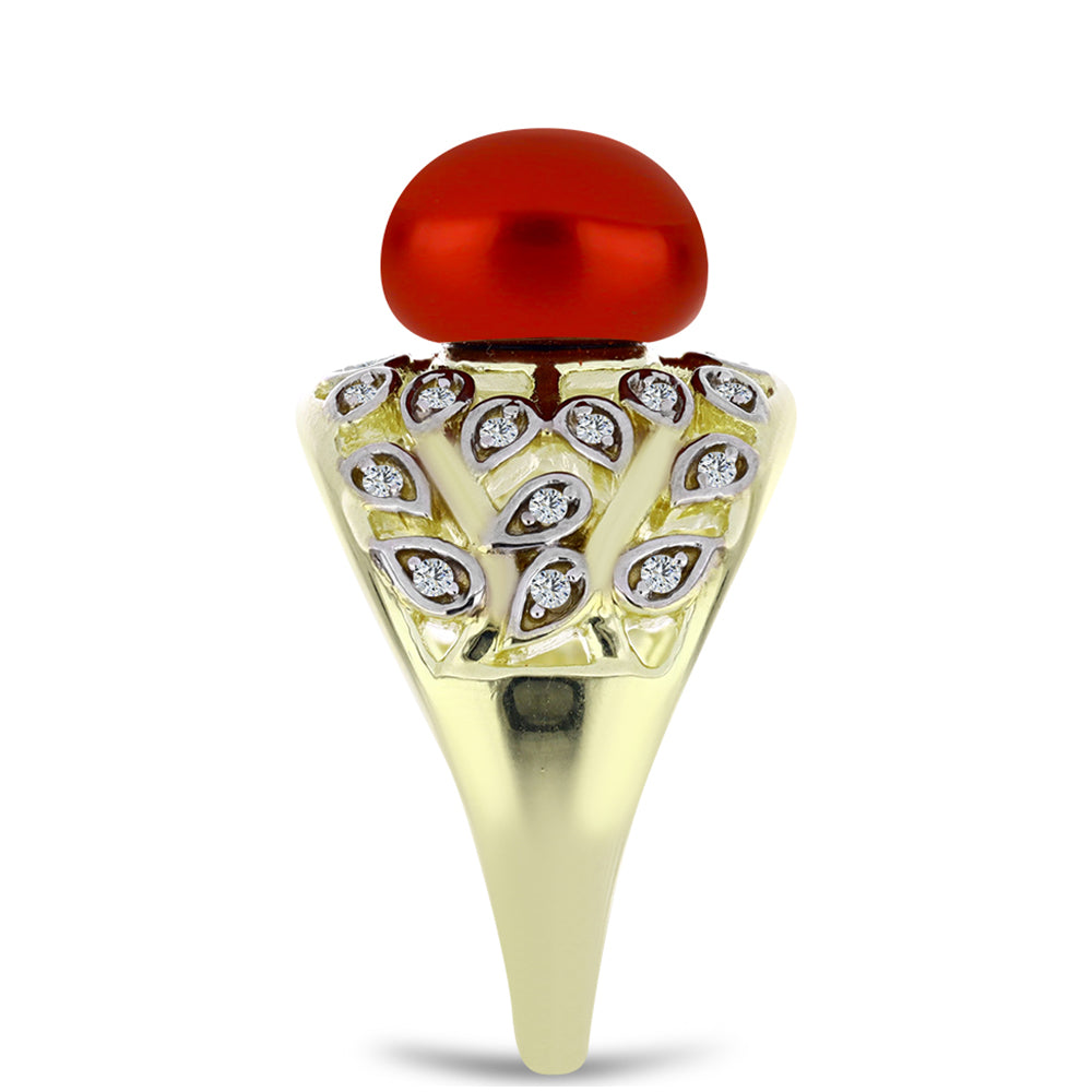 Pozlacený Stříbrný Prsten s Červená sladkovodní Perlou a Bílým Topazem