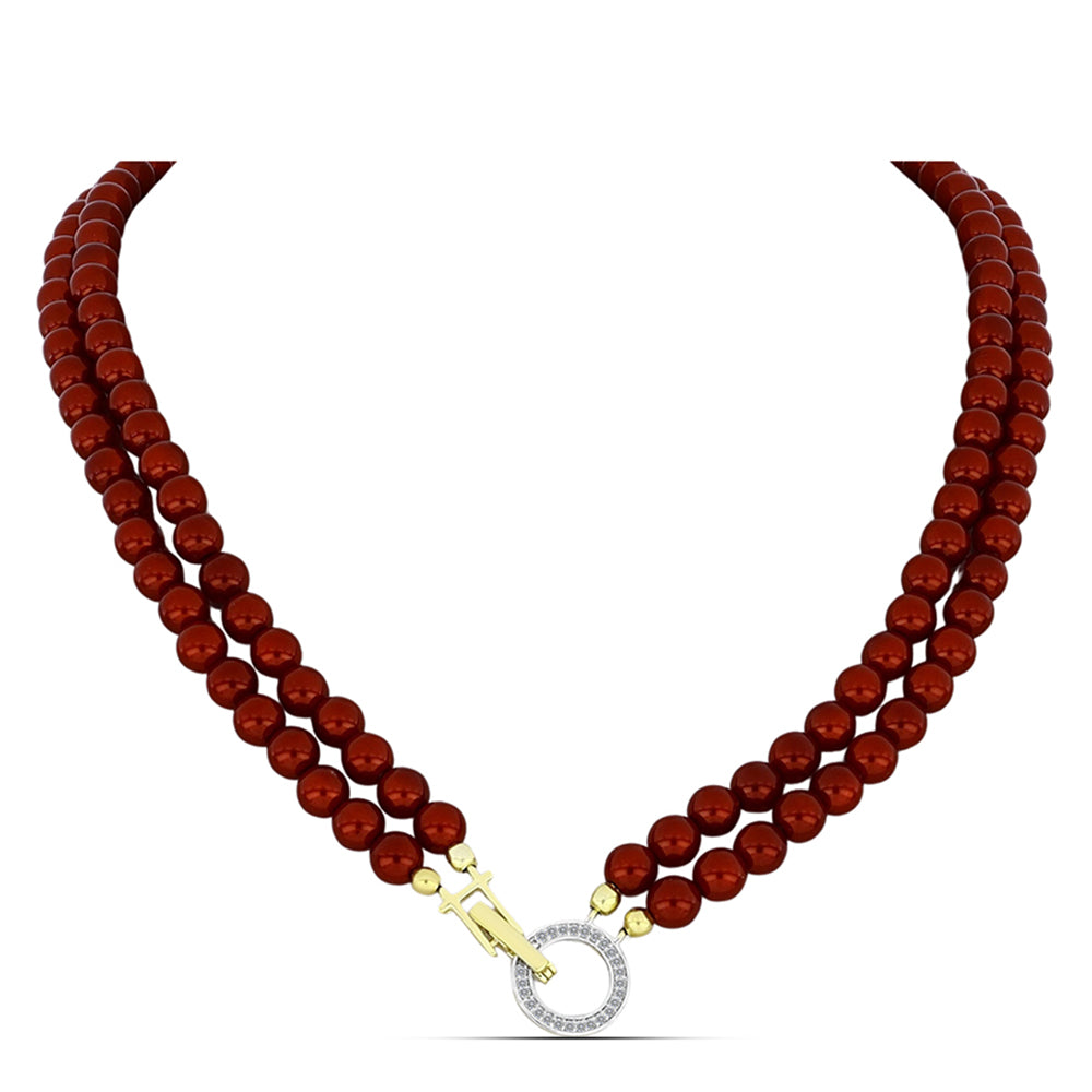 Pozlacené Stříbro 925/1000 - Náhrdelník s Červená sladkovodní Perlou a Bílým Topazem - Karátové číslo: 199.85. přibližná hmotnost: 42.17 gramů