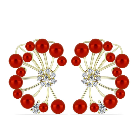 Pozlacené Stříbro 925/1000 - Náušnice s Červená sladkovodní Perlou a Bílým Topazem - Karátové číslo: 19.76. přibližná hmotnost: 12.64 gramů