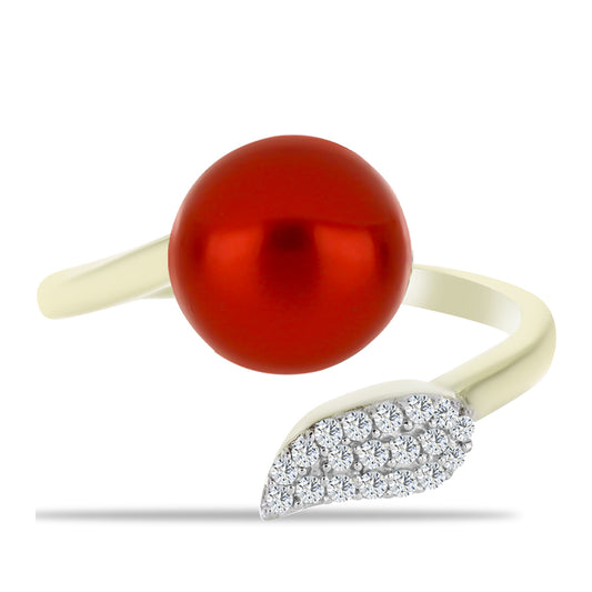 Pozlacené Stříbro 925/1000 - Prsten s Červená sladkovodní Perlou a Bílým Topazem - Karátové číslo: 4.48. přibližná hmotnost: 4.13 gramů