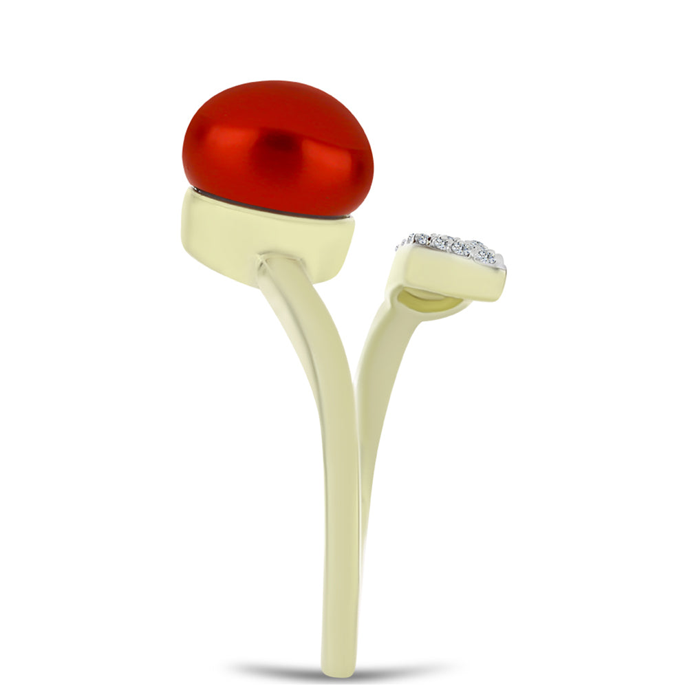 Pozlacené Stříbro 925/1000 - Prsten s Červená sladkovodní Perlou a Bílým Topazem - Karátové číslo: 4.48. přibližná hmotnost: 4.13 gramů