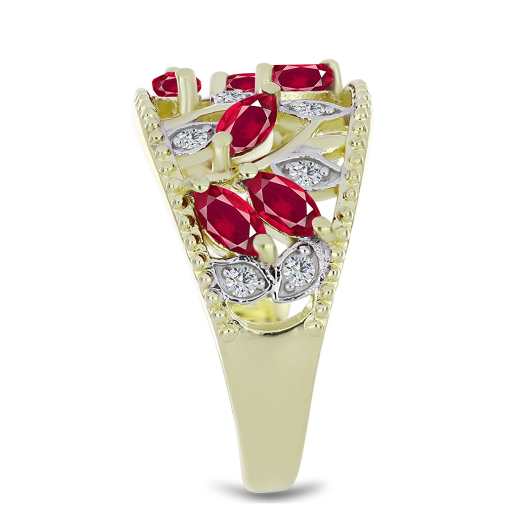 Pozlacené Stříbro 925/1000 - Prsten s Madagaskarským Rubínem a Bílým Topazem - Karátové číslo: 1.93. přibližná hmotnost: 5.18 gramů