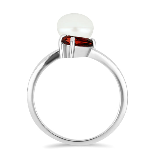 Stříbrný Prsten s Bartonským Granátem a Bílou Sladkovodní Perlou