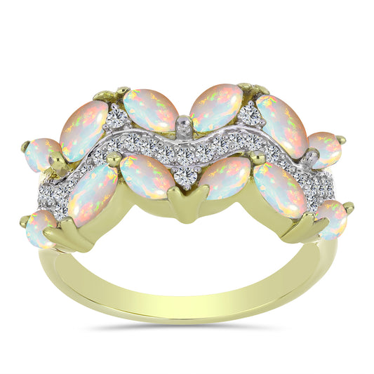 Pozlacené Stříbro 925/1000 - Prsten s Etiopským Opálem z Lega Dembi a Bílým Topazem - Karátové číslo: 1.53. přibližná hmotnost: 4.33 gramů