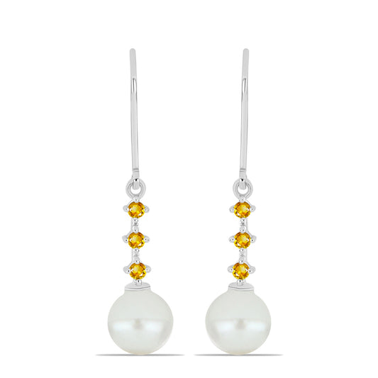 Stříbro 925/1000 - Náušnice s Uralským Citrínem a Bílou Sladkovodní Perlou - Karátové číslo: 6.27. přibližná hmotnost: 2.8 gramů