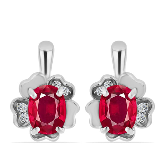Stříbro 925/1000 - Náušnice s Madagaskarským Rubínem a Bílým Topazem - Karátové číslo: 3.78. přibližná hmotnost: 5.05 gramů