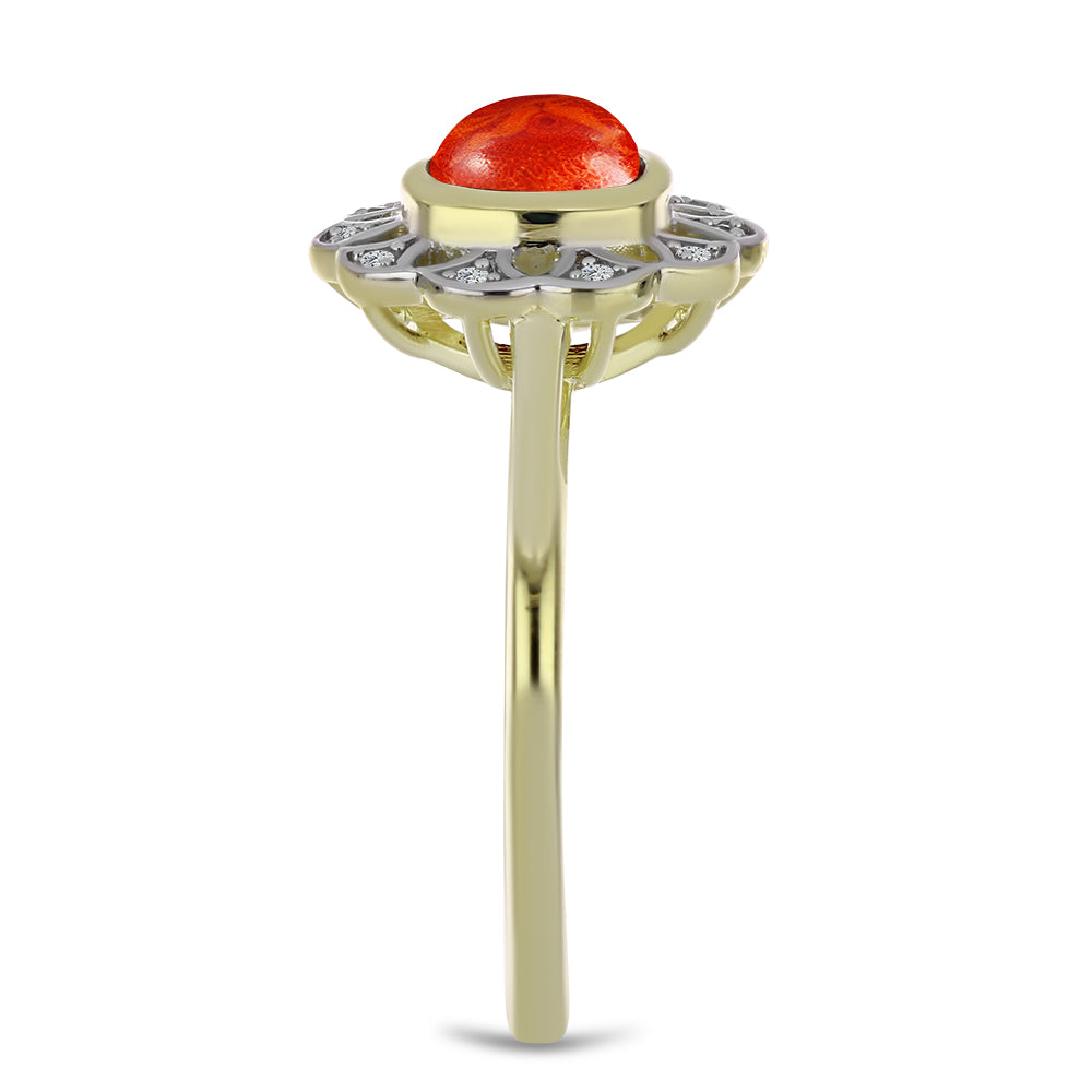 Pozlacený Stříbrný Prsten s Červeným Houbovým Korálem a Bílým Topazem