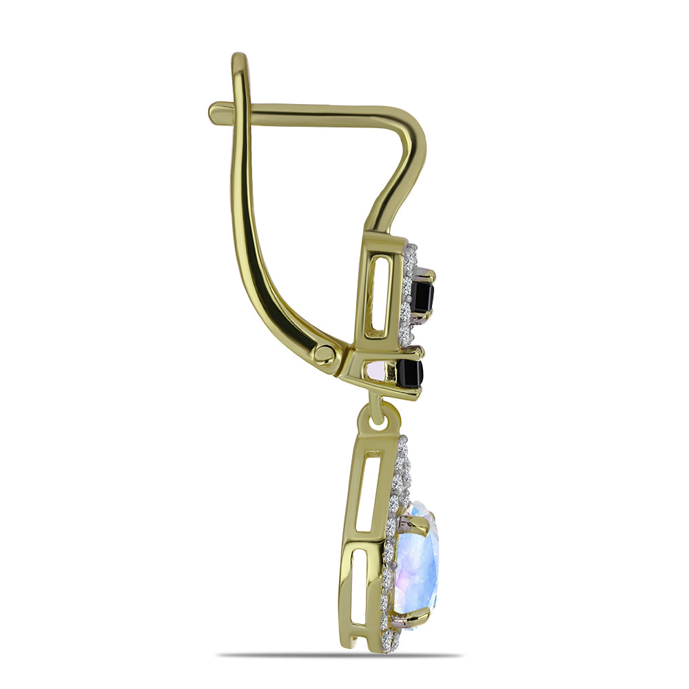 Pozlacené Stříbrné Náušnice s Duhovým Měsíčním Kamenem a Černým spinelem