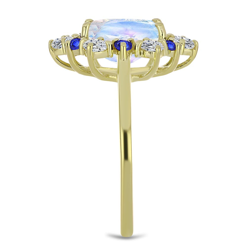 Pozlacený Stříbrný Prsten s Duhovým Měsíčním Kamenem a Australským Modrým Safírem