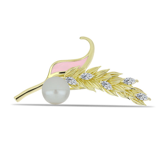 Pozlacené Stříbro 925/1000 - Brož s Bílou Sladkovodní Perlou a Bílým Topazem - Karátové číslo: 3.39. přibližná hmotnost: 5.02 gramů