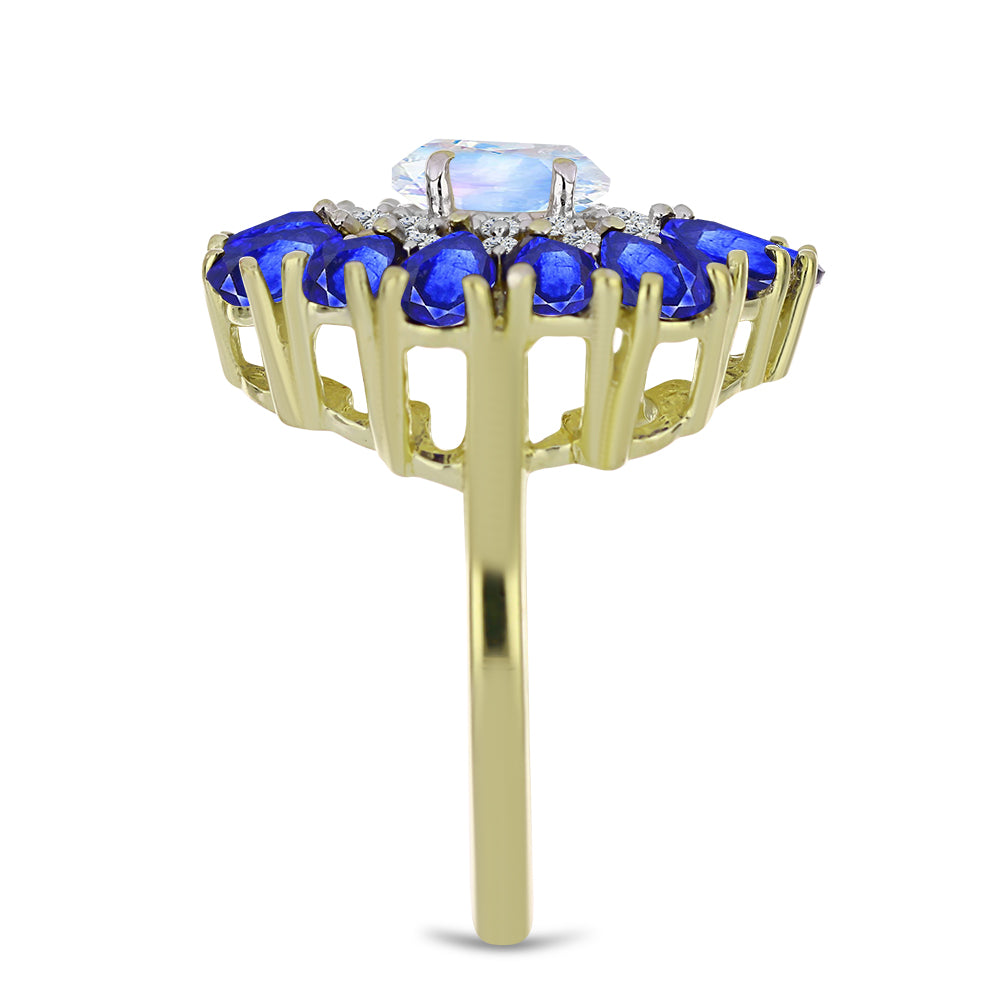 Pozlacené Stříbro 925/1000 - Prsten s Duhovým Měsíčním Kamenem a Australským Modrým Safírem - Karátové číslo: 4.77. přibližná hmotnost: 5.9 gramů