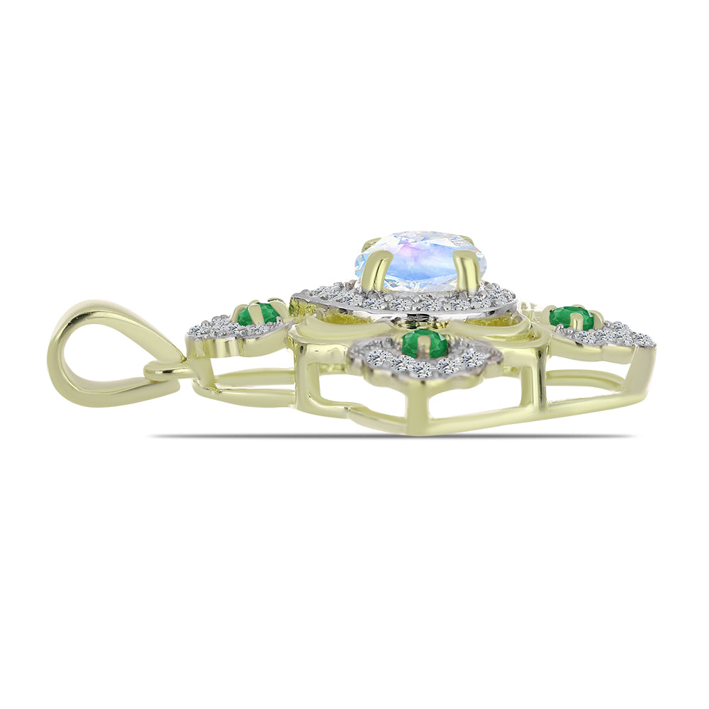 Pozlacené stříbro 925/1000 Přívěsek s Duhovým Měsíčním Kamenem a Brazilským Smaragdem - Karátové číslo: 1.51. přibližná hmotnost: 2.91 gramů