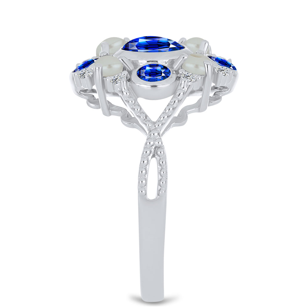 Stříbro 925/1000 - Prsten s Australským Modrým Safírem a Bílou Sladkovodní Perlou - Karátové číslo: 2.43. přibližná hmotnost: 4.45 gramů