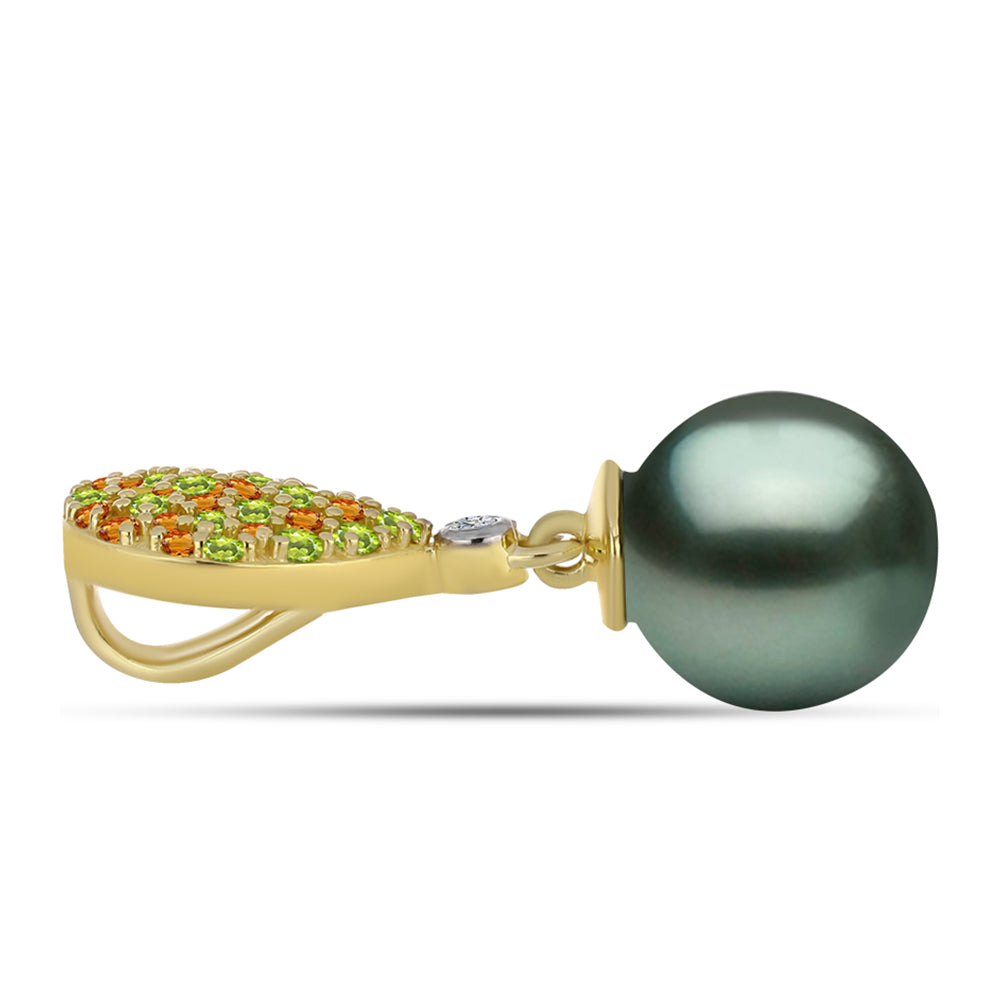 Pozlacené Stříbro 925/1000 - Přívěsek se Sladkovodní perlou v podobě Tahitské zelené iluze a Uralským Citrínem - Karátové číslo: 8.49. přibližná hmotnost: 2.9 gramů