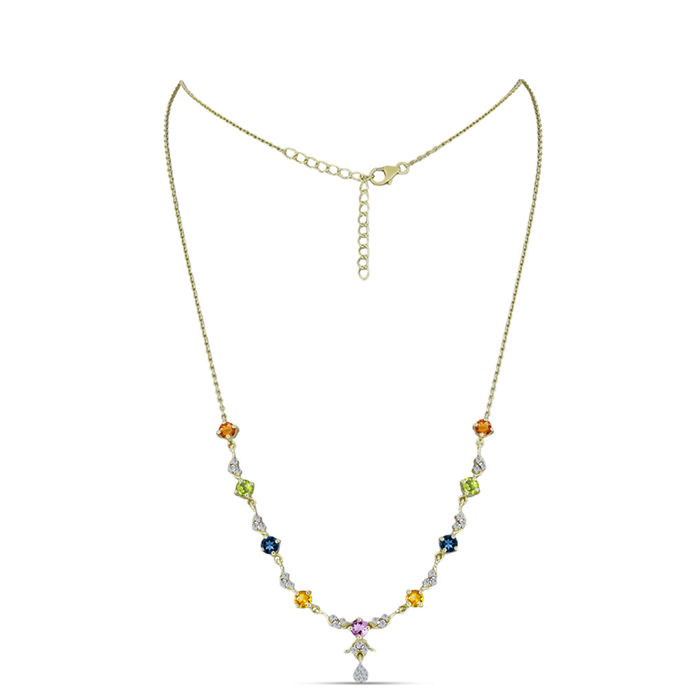 Pozlacené Stříbro 925/1000 - Náhrdelník s Duhovým Safírem a Bílým Topazem - Karátové číslo: 3.34. přibližná hmotnost: 6.91 gramů