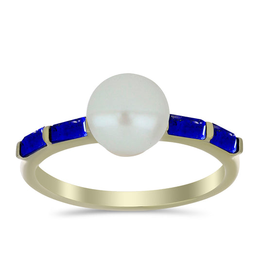 Pozlacené Stříbro 925/1000 - Prsten s Lapisem Lazuli a Bílou Sladkovodní Perlou - Karátové číslo: 3.08. přibližná hmotnost: 2.67 gramů