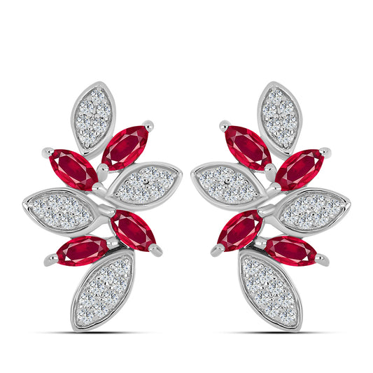 Stříbro 925/1000 - Náušnice s Madagaskarským Rubínem a Bílým Topazem - Karátové číslo: 1.95. přibližná hmotnost: 5.12 gramů