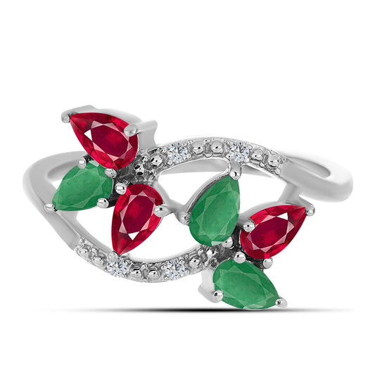 Stříbro 925/1000 - Prsten s Madagaskarským Rubínem a Brazilským Smaragdem - Karátové číslo: 1.65. přibližná hmotnost: 3.12 gramů