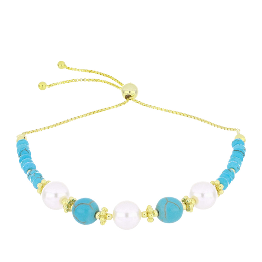 Pozlacené Stříbro 925/1000 - Náramek s Tyrkysem Sleeping Beauty a Bílou Sladkovodní Perlou - Karátové číslo: 19.2. přibližná hmotnost: 7.19 gramů