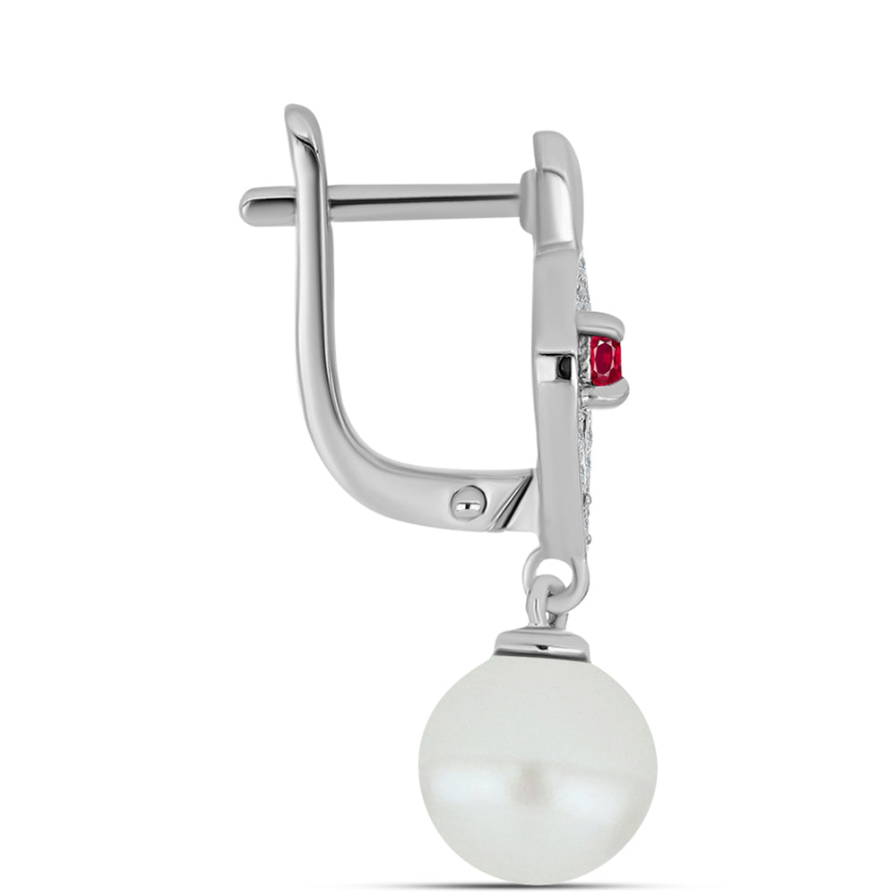 Stříbro 925/1000 - Náušnice s Madagaskarským Rubínem a Bílou Sladkovodní Perlou - Karátové číslo: 7.36. přibližná hmotnost: 4.63 gramů