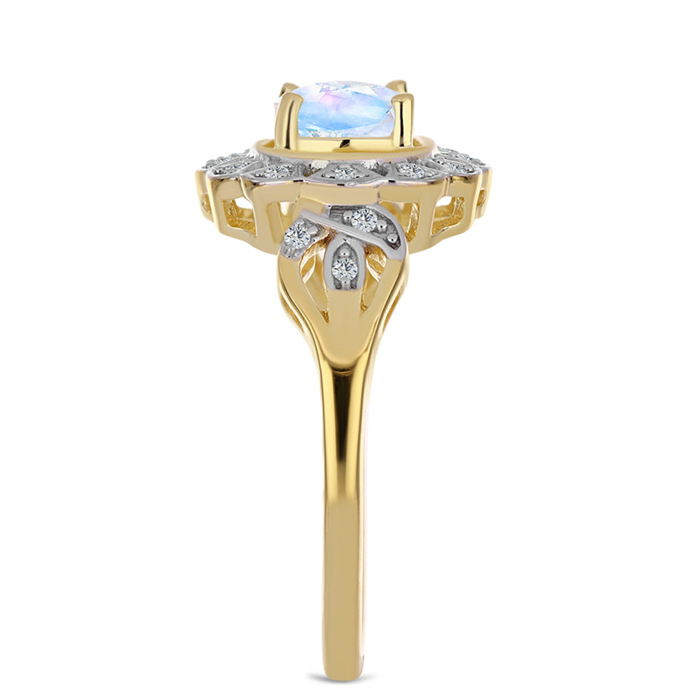 Pozlacené stříbro 925/1000 Prsten s Duhovým Měsíčním Kamenem a Bílým Topazem - Karátové číslo: 1.23. přibližná hmotnost: 3.76 gramů