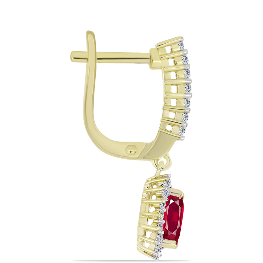 Pozlacené Stříbro 925/1000 - Náušnice s Madagaskarským Rubínem a Bílým Topazem - Karátové číslo: 3.07. přibližná hmotnost: 4.73 gramů