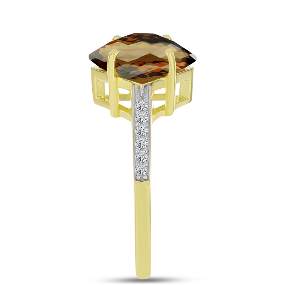 Pozlacené Stříbro 925/1000 - Prsten s Koňakovým Křemenem a Bílým Topazem - Karátové číslo: 2.47. přibližná hmotnost: 2.87 gramů