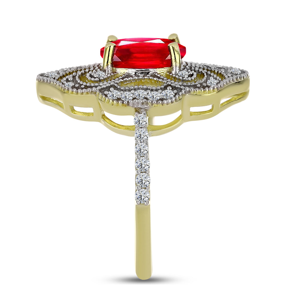 Pozlacené Stříbro 925/1000 - Prsten s Červeným Achátem a Bílým Topazem - Karátové číslo: 2.28. přibližná hmotnost: 4.91 gramů