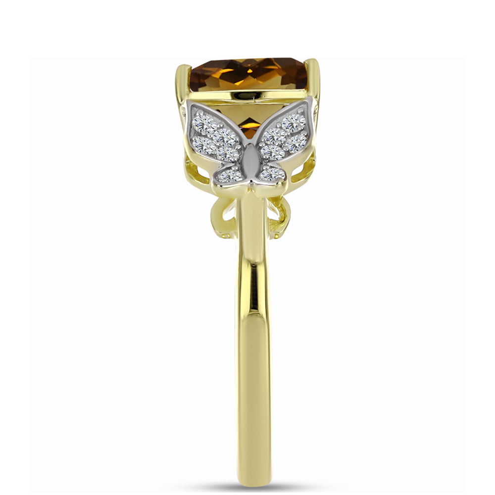 Pozlacené Stříbro 925/1000 - Prsten s Koňakovým Křemenem a Bílým Topazem - Karátové číslo: 1.21. přibližná hmotnost: 2.79 gramů