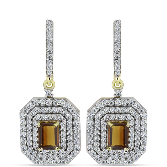 Pozlacené Stříbro 925/1000 - Náušnice s Koňakovým Křemenem a Bílým Topazem - Karátové číslo: 3.85. přibližná hmotnost: 8.73 gramů